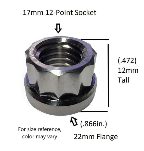 Premium Burnt Blue Titanium Flange Nuts M12x1.25 For Your Ride showing 17mm socket opening, measuring 12mm tall and 22mm flange.