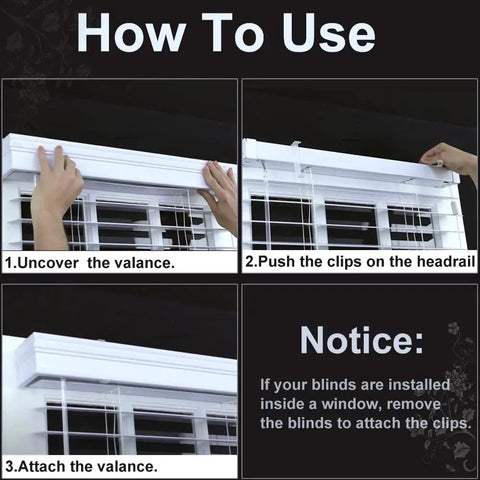 How to use Heavy Duty 2 Inch Clear Blind Valance Clips For Wood Or Faux Wood Horizontal Blinds installation process, step-by-step.