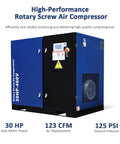 Heavy Duty 30 HP Rotary Screw Air Compressor With 123 CFM At 125 PSI, 460V 3 Phase 60 Hz Fixed Speed Workhorse Industrial Grade Air
