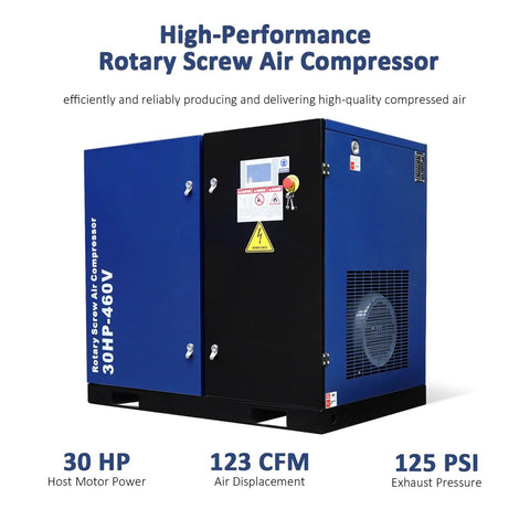 30HP Rotary Screw Air Compressor Pump 123 CFM At 125 PSI 460V Three Phase Industrial System With Low Noise Design For Continuous Duty Factory Workshop Use And Production Line Heavy Equipment Operations