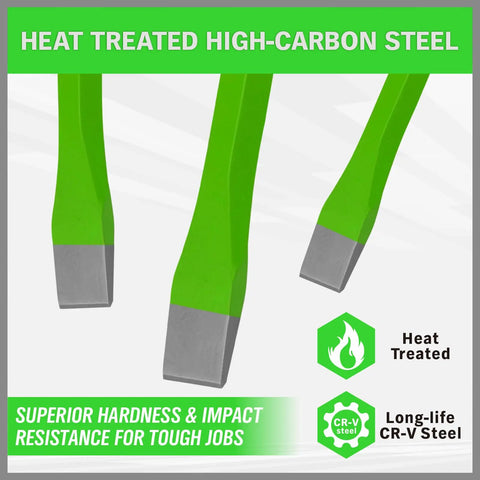 Heavy Duty Cold Chisel Set Three Eighths Inch One Half Inch Five Eighths Inch Premium Carbon Steel Chisels with green handles close-up