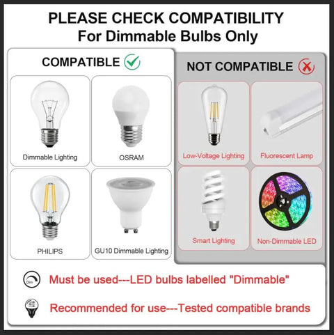 Product compatibility chart for Top Tier Wireless Dimmer Switch With Remote And Alexa Compatible for home lighting setup.