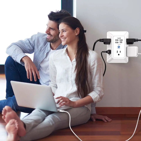 Couple near 5 Outlet Extender With Four USB Ports And One USB C Port, 3 Sided 1680 Joules Surge Protector Power Strip USB Wall Charger For Home Office Travel Dorm Room, No Mess No Fuss, Space Saving Wall Plugs, ETL Listed, White, using a laptop charged by the device