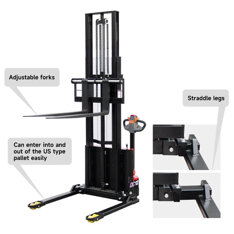 Built Different Full Electric Pallet Stacker With 2640 Pound Capacity And Lithium Battery Walkie System Featuring 118 Inch Lift Height showing adjustable forks and straddle legs.
