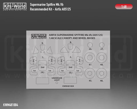 1/48 Scale Spitfire Mk Vb Canopy And Wheels Mask Set For Airfix A05125 showing detailed paper mask layout