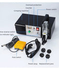 Built Different Heavy Duty Electric Wire Stripper Crimping Tool With Swap Out Die Sets Auto Terminal Crimper showing machine features and parts.