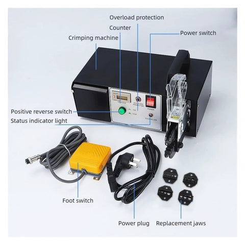 Built Different Heavy Duty Electric Wire Stripper Crimping Tool With Swap Out Die Sets Auto Terminal Crimper showing machine features and parts.