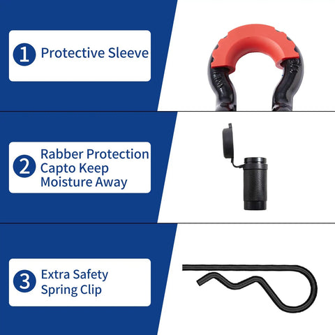 Shackle Hitch Receiver Two Inch With Three Quarter Inch D Ring Shackle And Five Eighth Inch Trailer Hitch Pin Lock features protective sleeve, rubber protection cap, and safety clip