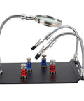 Go-To Magnetic Helping Hand with Four PCB Pillars and Three Magnifying Lamps on black stand for electronics repair