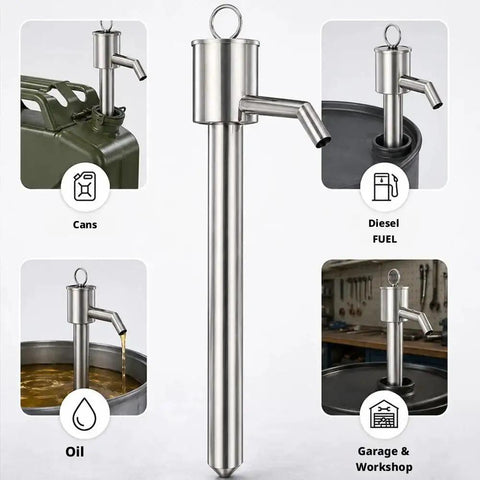 Hand Operated Manual Fluid Transfer Pump Stainless Steel Portable Siphon For Gas, Oil And Water Home Brewing Garage Work Reliable Gear positioned above various containers.