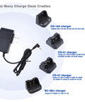 Replacement DC Charger Adapters And Cables Kit Pro Grade showing various compatible desk cradle chargers for ham radios.