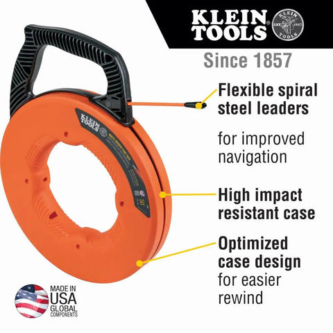 Non Conductive Fiberglass Fish Tape With Multi Groove Design For Smoother Wire Pulling No Fuss 50 Foot Length Three Sixteenth Inch Width Optimized Housing And Handle For Less Friction And Payout with orange case and flexible spiral steel leaders for improved navigation.
