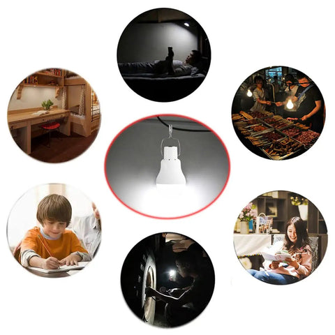 Portable Solar Powered Light Bulb Lantern With 350LM Output illuminating various indoor and outdoor settings for versatile use