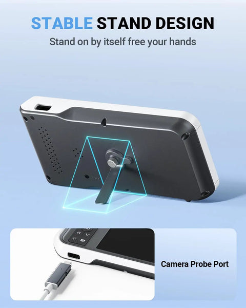 Home Ear Otoscope With 4.5 Inch IPS Display And 3.9mm Ear Camera With Gyroscope For Clear At Home Inspection, 6 LED Lights Illuminate Earwax Irritation And Blockages, No App Required, No WiFi Needed, HD Ear Camera For Safe Self Check, FSA HSA Eligible. stable stand and camera probe port shown