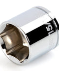 Three Eighths Inch Drive Shallow Six Point Socket Fifteen Sixteenth Inch For Automotive And DIY Repairs, Chrome Finish, close-up