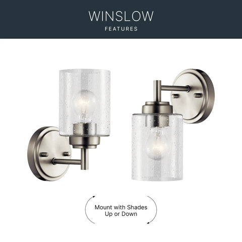 Winslow 9.25 Inch Wall Sconce in Brushed Nickel with Clear Seeded Glass 1 Light Modern Wall Mount Fixture shown in two positions.