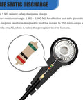 Close-up of the 1 MΩ resistor in the ESD Safe Go-To Wrist Strap For PC And Electronics Repair with illustration explaining static dissipation.