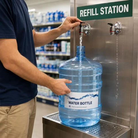 Filling a 5 Gallon BPA Free Water Bottle Reusable Jug With Large Capacity Polycarbonate Container at a refill station.