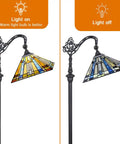 Tiffany Style Stained Glass Floor Lamp 62 Inch Tall With Adjustable Arch Reading Light In Antique Mission Design lit and unlit views