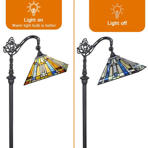 Tiffany Style Stained Glass Floor Lamp 62 Inch Tall With Adjustable Arch Reading Light In Antique Mission Design lit and unlit views