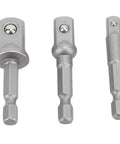 Versatile 3-Piece Power Drill Adapter Socket Set Featuring 1/4, 3/8 And 1/2 Inch Hex Shank To Drive Converters For Impact Drivers Electric Drills And Screwdrivers Tough Stainless Steel Build For Serious DIY And Pro Work This Essential Tool Accessory Kit, three adapters