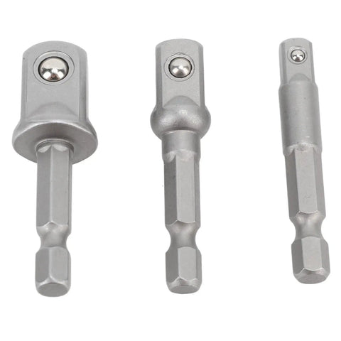 Versatile 3-Piece Power Drill Adapter Socket Set Featuring 1/4, 3/8 And 1/2 Inch Hex Shank To Drive Converters For Impact Drivers Electric Drills And Screwdrivers Tough Stainless Steel Build For Serious DIY And Pro Work This Essential Tool Accessory Kit, three adapters