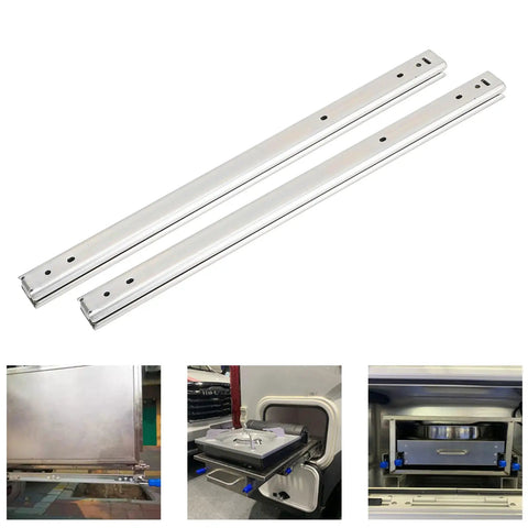 Rugged Three Fold Full Extension Drawer Slides Side Mount 400mm Ball Bearing Runners For Cabinets RVs Medical Carts And Electronics Enclosures Zinc Plated Steel With Smooth Glide shown in use with drawers