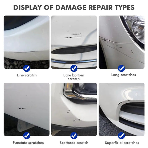 Display of vehicle scratch types before using Bright White Touch Up Paint For Dodge Cars PW7 GW7, DIY Scratch Repair Kit.