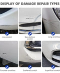 Diagram showing different scratch types on a white car for using Celestite Gray Metallic Car Touch Up Paint Kit For DIY Scratch Repair Quick And Easy Automotive Paints 1K3 Color Match For Toyota Corolla And More Scratch Concealer And Rust Prevention Finish.