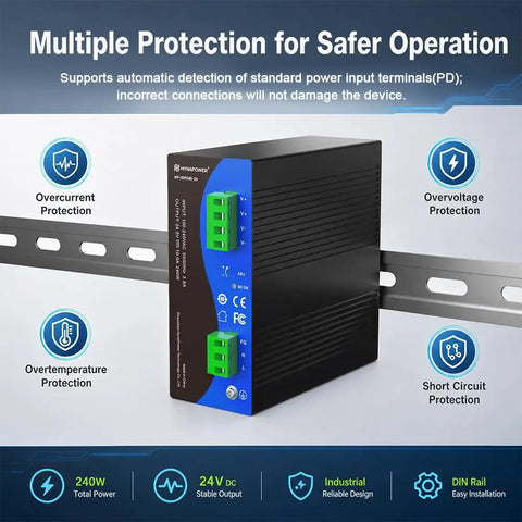 Heavy Duty 24V Dc 240W Din Rail Power Supply Switching Converter with multiple protection features for industrial automation.