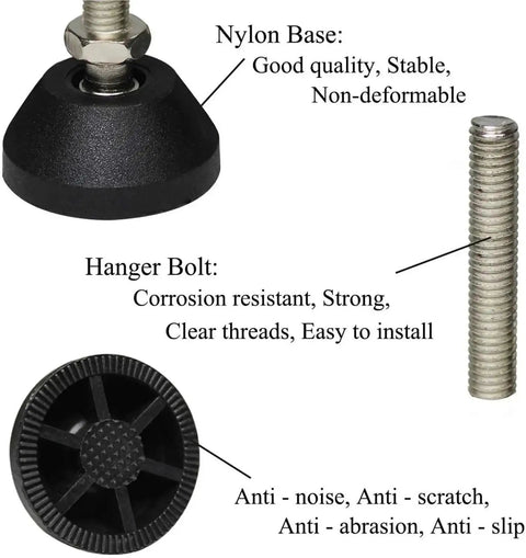 4 Pieces Adjustable Furniture Leveling Feet Swivel 40xM8x50mm, nylon base, hanger bolt, anti-slip, anti-noise features.