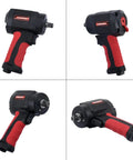 Heavy Duty 1/2 Inch Air Impact Wrench Pumping Out Badass Torque With Rock Solid Ergonomic Handle And Sweet Compact Mini Body, shown from multiple angles.