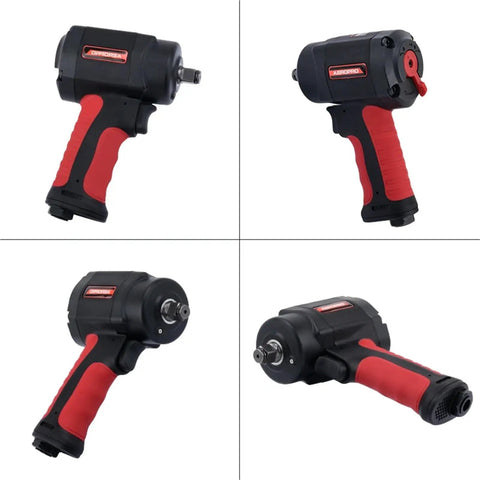Heavy Duty 1/2 Inch Air Impact Wrench Pumping Out Badass Torque With Rock Solid Ergonomic Handle And Sweet Compact Mini Body, shown from multiple angles.