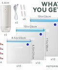 Reusable Sous Vide Vacuum Sealer Bags 30 Pcs Set With Upgraded Auto Pump BPA Free Microwave Safe Freezer Safe Works With Anova And Joule Cookers Durable Food Storage For Precise Cooking showing bag sizes, pump, clips, and chargers.