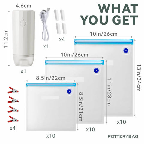Reusable Sous Vide Vacuum Sealer Bags 30 Pcs Set With Upgraded Auto Pump BPA Free Microwave Safe Freezer Safe Works With Anova And Joule Cookers Durable Food Storage For Precise Cooking showing bag sizes, pump, clips, and chargers.