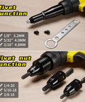 Hifeson 21V Cordless Electric Rivet Gun And Rivet Nut Tool Professional Kit With Batteries And Charger For Auto Body Work Fastener Repair showing rivet and nut functions with sizing options.
