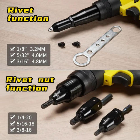 Hifeson 21V Cordless Electric Rivet Gun And Rivet Nut Tool Professional Kit With Batteries And Charger For Auto Body Work Fastener Repair showing rivet and nut functions with sizing options.