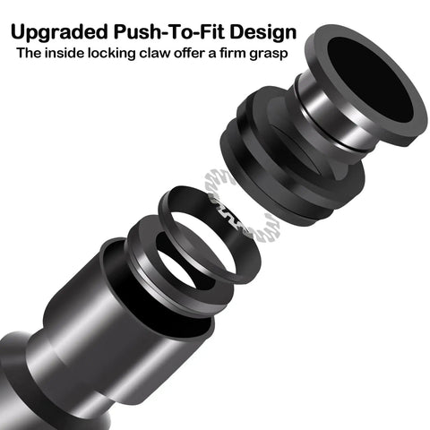 Exploded view of push-to-fit connector in One Quarter Inch Drip Irrigation Fittings Kit, showing internal locking mechanism.