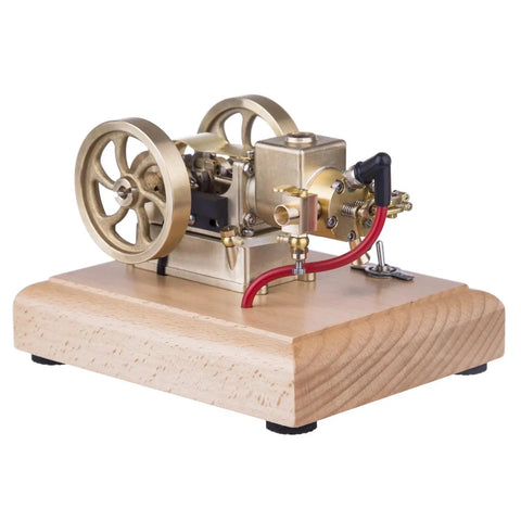 Dope Little 1.6cc Metal Adjustable Speed Micro Horizontal Water Cooled 4-Stroke Gasoline Engine With Wooden Base for STEM Education and Science Demos Today, brass engine on wood base
