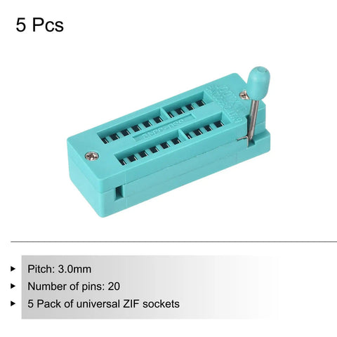 Universal IC Test ZIF Socket 20 Pin 3.0mm Pitch For Microcontrollers Chips And Breadboards, Easy Locking Clamp, 5 Pack