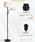 Gold Tone Floor Lamp With Dimmable 9W LED Main Light And 4W Reading Lamp, 62 Inch Tall, Beige Linen Lampshade, socket types shown