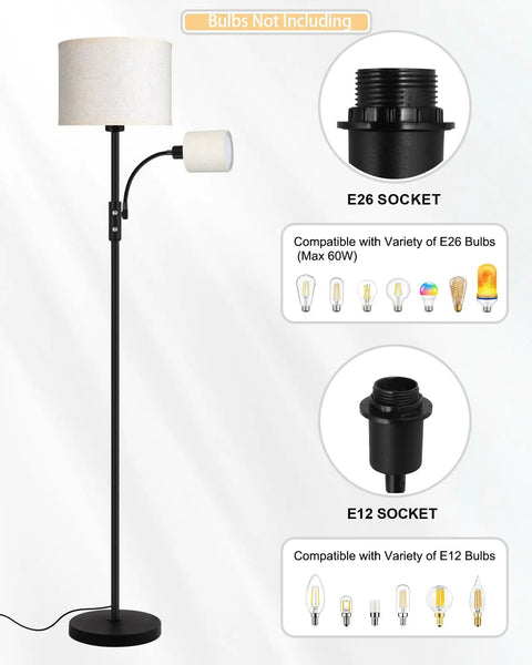 Gold Tone Floor Lamp With Dimmable 9W LED Main Light And 4W Reading Lamp, 62 Inch Tall, Beige Linen Lampshade, socket types shown