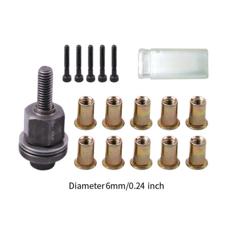 Rivet Nut Tool Handheld Kit For Metal Rivets Alloy Nut Setter With Electric Adapter and Nut Head, M6 components displayed