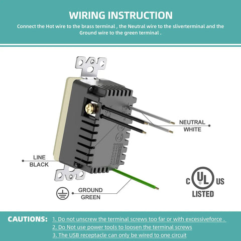 Wiring instructions for High Speed USB C Wall Outlet With Type C Fast Charge 4.8A 20 Amp Tamper Resistant Receptacle.