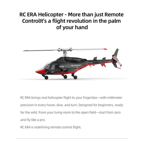 RC helicopter with black and red design, showing side view, labeled "RC ERA A61," millimeter precision, beginner-friendly