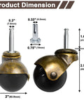 Brass Vintage 2 Inch Ball Caster Set Of 4 With 5/16 Inch By 1-1/2 Inch Stem For Furniture Cabinets Sofas And Chairs Durable Sleeve Wheel Casters Load Capacity Up To 135 Lbs Each 540 Lbs Per Set Easy To Install dimensions showing size and stem details
