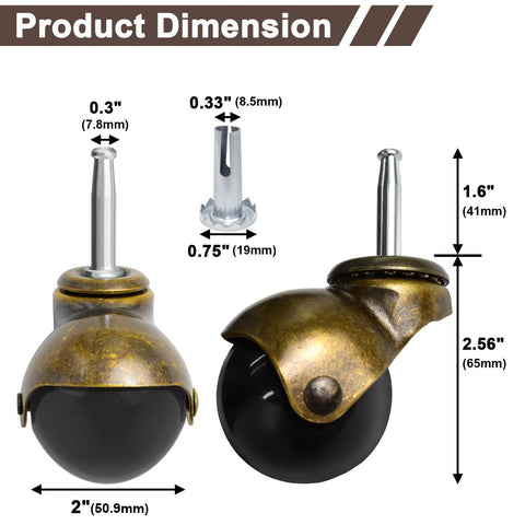 Brass Vintage 2 Inch Ball Caster Set Of 4 With 5/16 Inch By 1-1/2 Inch Stem For Furniture Cabinets Sofas And Chairs Durable Sleeve Wheel Casters Load Capacity Up To 135 Lbs Each 540 Lbs Per Set Easy To Install dimensions showing size and stem details