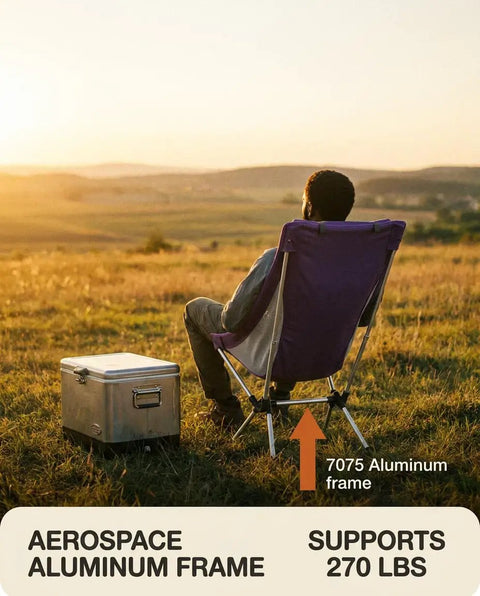 Capy Ultralight Camping Chair For Backpacking And Festivals with aluminum frame, person sitting outdoors