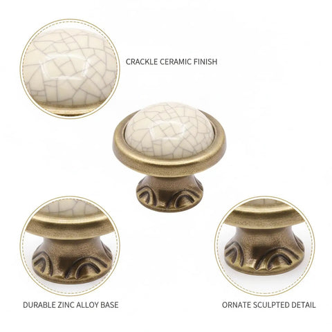 Crackle Finish Ceramic Cabinet Knobs With Heavy Duty Zinc Alloy Core Decorative Furniture Hardware Badass Grip Quality Sweet Vintage Charm Smooth Kitchen Bedroom Bathroom Drawer Handle Setup with intricate detail.
