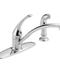 Chrome Kitchen Faucet With Side Sprayer For 8 Inch Center Four Hole Install Single Handle Contemporary Design Durable Build Leak Resistant Water Control Easy Install For Busy Kitchens, shown from side angle